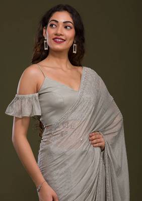 Grey Plain Silk Saree Swarovski  Work Bollywood Designer Saree for Women  6