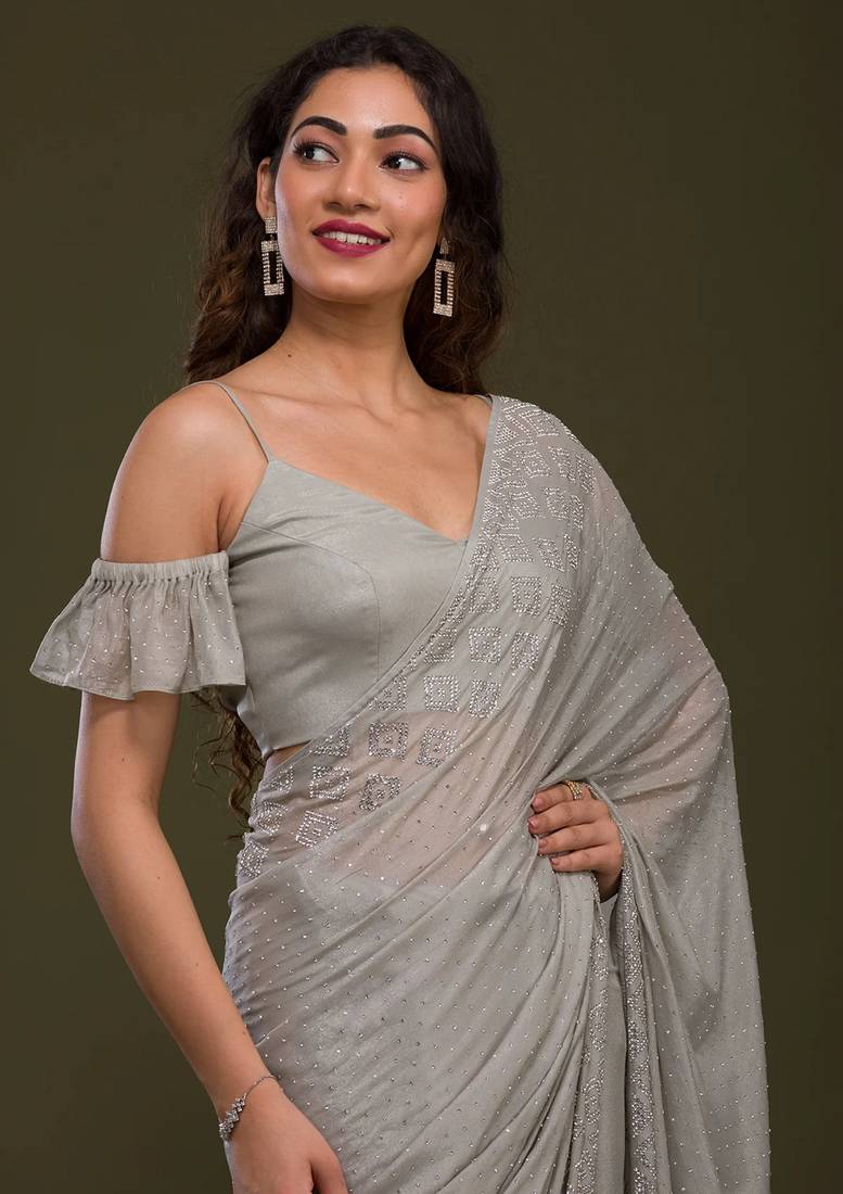 Grey Plain Silk Saree Swarovski  Work Bollywood Designer Saree for Women 