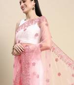Kasee Women'S Pink Floral Embroidered Net Saree With Unstitched Blouse Piece