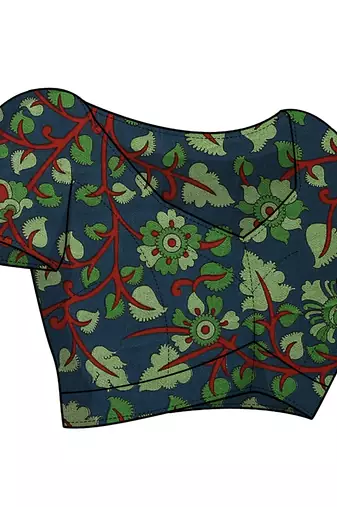 Parrot Green Chiffon Solid Kalmkari Printed Border Saree With Unstitched Blouse Piece
