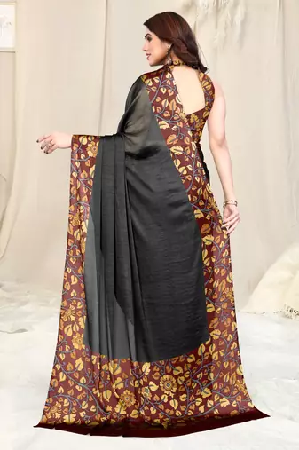 Black Chiffon Solid Kalmkari Printed Border Saree With Unstitched Blouse Piece