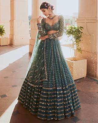  Bottle Green Sequins And Zari Embroidered Faux Georgette Lehenga Choli For Wedding 1