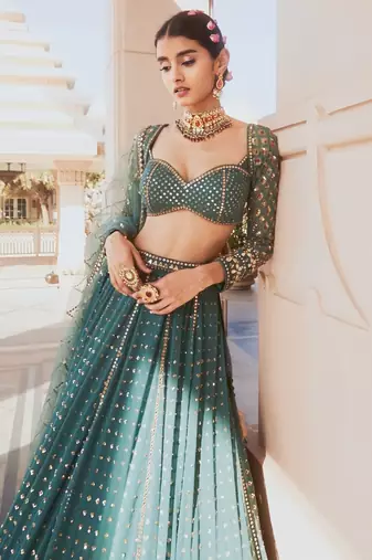  Bottle Green Sequins And Zari Embroidered Faux Georgette Lehenga Choli For Wedding