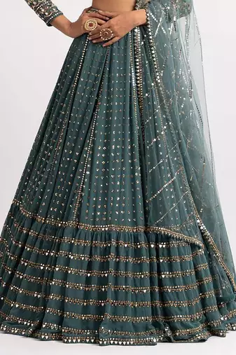  Bottle Green Sequins And Zari Embroidered Faux Georgette Lehenga Choli For Wedding