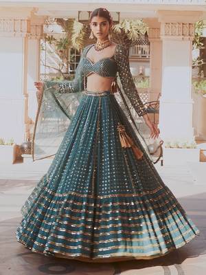  Bottle Green Sequins And Zari Embroidered Faux Georgette Lehenga Choli For Wedding 5