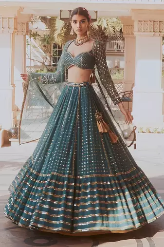  Bottle Green Sequins And Zari Embroidered Faux Georgette Lehenga Choli For Wedding