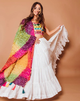 Splendid White Sequins Embroidered Georgette Holi Special Lehenga 1