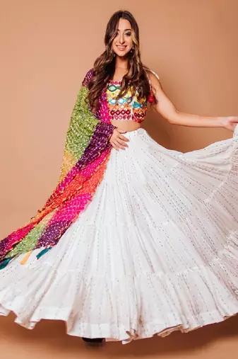 Splendid White Sequins Embroidered Georgette Holi Special Lehenga