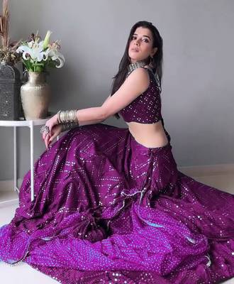 Wine Faux Georgette Mirror Work And Thread Embroidered Lehenga Choli 2