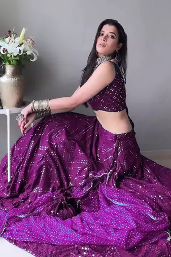 Wine Faux Georgette Mirror Work And Thread Embroidered Lehenga Choli
