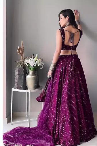 Wine Faux Georgette Mirror Work And Thread Embroidered Lehenga Choli