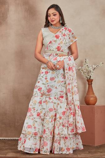 Off-White Heavy Digital Printed Heavy Georgette Stitched Lehenga Saree