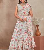 Off-White Heavy Digital Printed Heavy Georgette Stitched Lehenga Saree