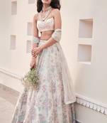 Cream Georgette Thread Embroidered Sleeveless Lehenga Choli With Net Dupatta