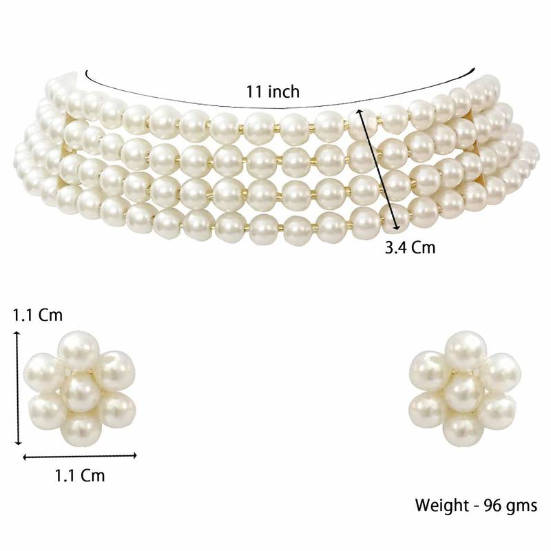 White Pearl Beaded Stylish Moti Choker Necklace Set with Stud Earrings