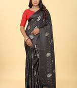 Dark grey dola silk foil printed saree with blouse piece
