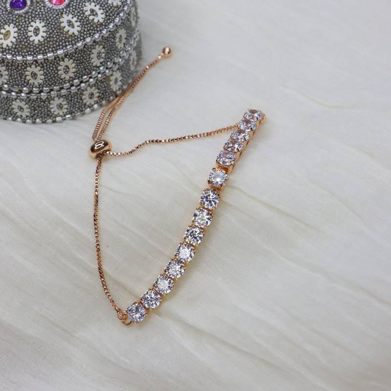 Rose Gold Plated Cubic Zirconia Adjustable Bracelet Jewellery with Pull-Chain for Women & Girls 