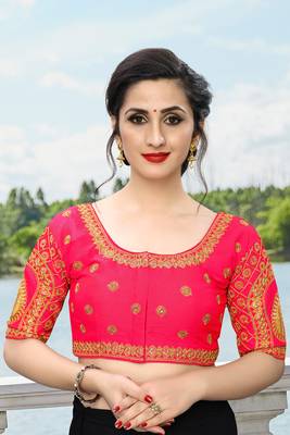 Amrutam Fab Women's Embroidered Pink Phantom Silk Blouse With Round Neck (BL-111-Pink)_Free_Size 1