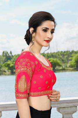 Amrutam Fab Women's Embroidered Pink Phantom Silk Blouse With Round Neck (BL-111-Pink)_Free_Size 3