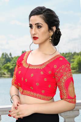 Amrutam Fab Women's Embroidered Pink Phantom Silk Blouse With Round Neck (BL-111-Pink)_Free_Size 4