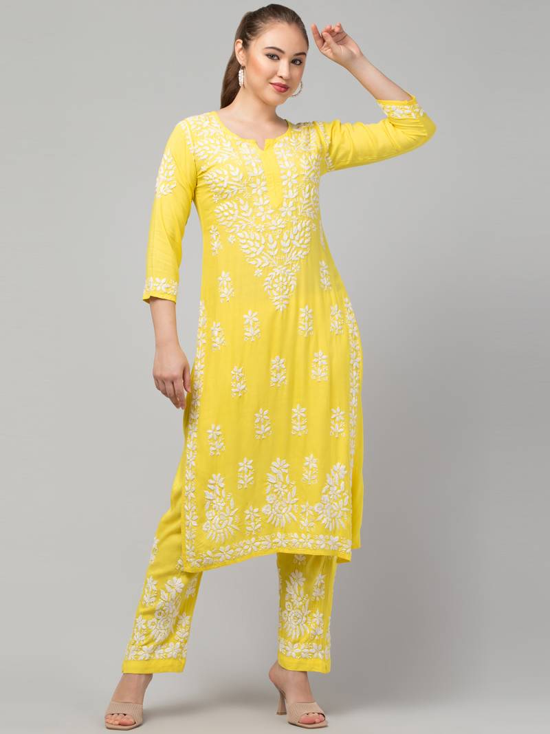 Two Pcs Suit With Hand Chikankari Work In Premium Rayon Fabric