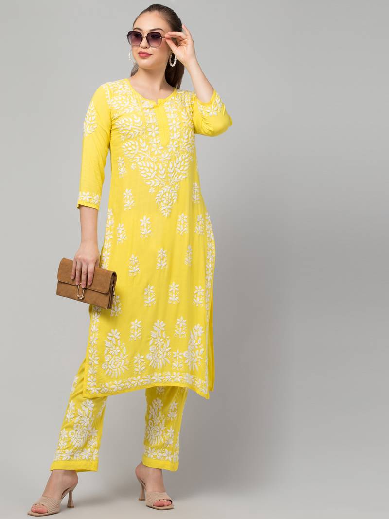 Two Pcs Suit With Hand Chikankari Work In Premium Rayon Fabric