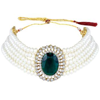 Gold Plated Traditional Green Stone Studded Pearl Choker Necklace Jewellery Set For Women/Girls  6