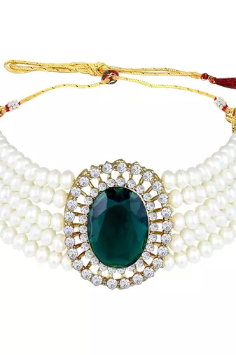 Gold Plated Traditional Green Stone Studded Pearl Choker Necklace Jewellery Set For Women/Girls 