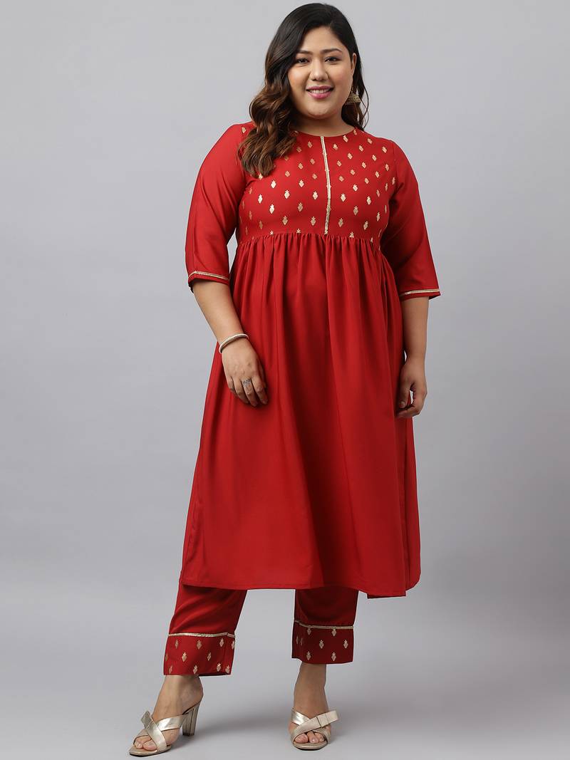 Xl love by janasya women's maroon poly crepe yoke foil printed kurta with pant