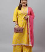 Xl love by janasya women's yellow cotton embellished kurta with palazzo and dupatta