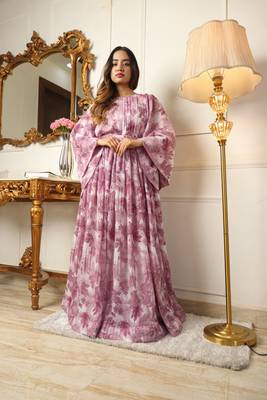 Pink georgette floral printed partywear long kurti with belt 1
