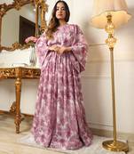 Pink georgette floral printed partywear long kurti with belt