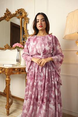 Pink georgette floral printed partywear long kurti with belt 3