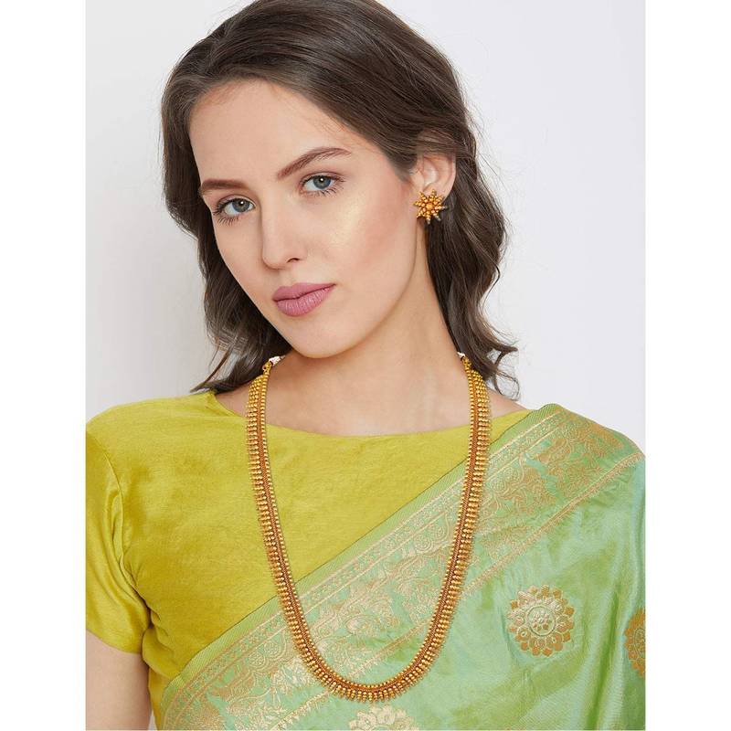 Traditional South Indian Stylish Golden Leaf work Necklace With Earrings For Women & Girls