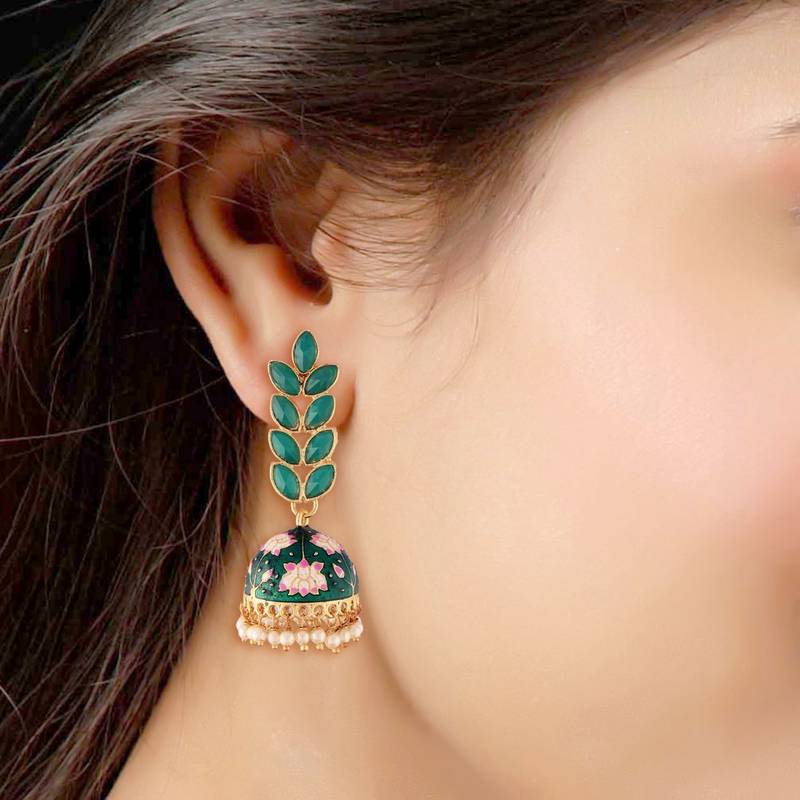 Traditional Meena Work Leaf Shaped Jhumki Earring For Women 