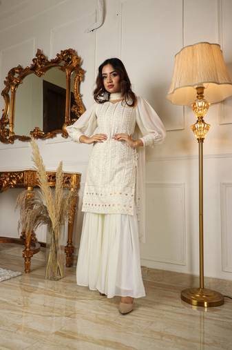 Chikankari off-white kurta with solid sharara and dupatta