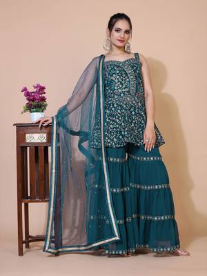 Teal green embroidered empire thread work kurta with sharara and dupatta 1