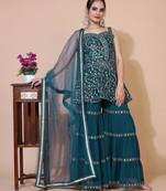 Teal green embroidered empire thread work kurta with sharara and dupatta