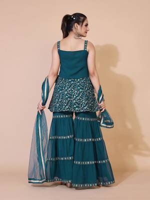 Teal green embroidered empire thread work kurta with sharara and dupatta 2