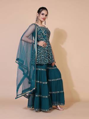 Teal green embroidered empire thread work kurta with sharara and dupatta 3