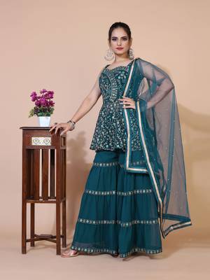 Teal green embroidered empire thread work kurta with sharara and dupatta 4