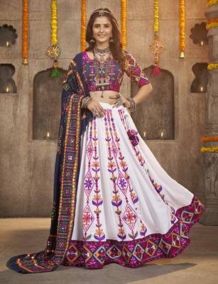 WHITE THREAD EMBROIDERED WITH MIRROR WORK VISCOSE RAYON TRADITIONAL NAVRATRI GARBA FESTIVAL SEMI STITCHED LEHENGA CHOLI 1