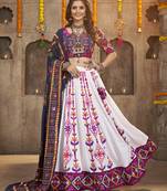 WHITE THREAD EMBROIDERED WITH MIRROR WORK VISCOSE RAYON TRADITIONAL NAVRATRI GARBA FESTIVAL SEMI STITCHED LEHENGA CHOLI