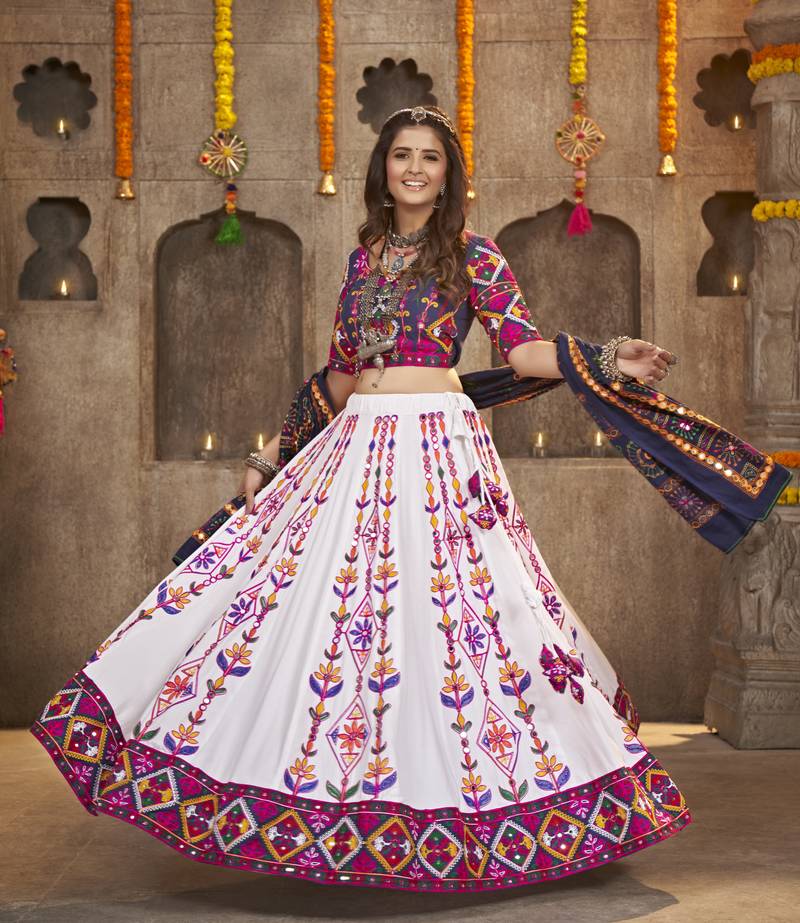 WHITE THREAD EMBROIDERED WITH MIRROR WORK VISCOSE RAYON TRADITIONAL NAVRATRI GARBA FESTIVAL SEMI STITCHED LEHENGA CHOLI
