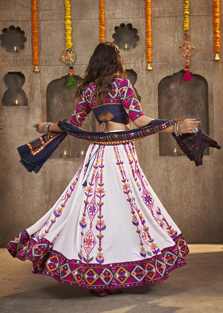 WHITE THREAD EMBROIDERED WITH MIRROR WORK VISCOSE RAYON TRADITIONAL NAVRATRI GARBA FESTIVAL SEMI STITCHED LEHENGA CHOLI