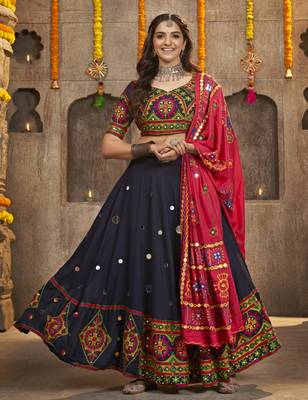 NAVY BLUE THREAD EMBROIDERED WITH MIRROR WORK VISCOSE RAYON TRADITIONAL NAVRATRI FESTIVAL SEMI STITCHED LEHENGA CHOLI 1