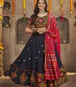NAVY BLUE THREAD EMBROIDERED WITH MIRROR WORK VISCOSE RAYON TRADITIONAL NAVRATRI FESTIVAL SEMI STITCHED LEHENGA CHOLI