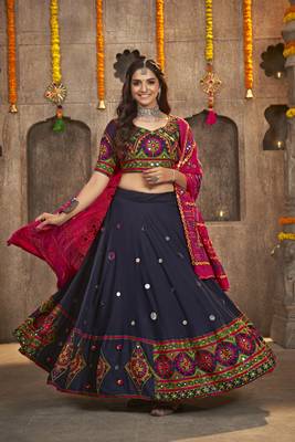 NAVY BLUE THREAD EMBROIDERED WITH MIRROR WORK VISCOSE RAYON TRADITIONAL NAVRATRI FESTIVAL SEMI STITCHED LEHENGA CHOLI 3