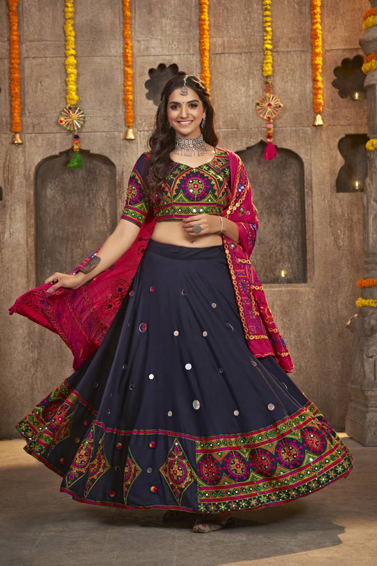NAVY BLUE THREAD EMBROIDERED WITH MIRROR WORK VISCOSE RAYON TRADITIONAL NAVRATRI FESTIVAL SEMI STITCHED LEHENGA CHOLI