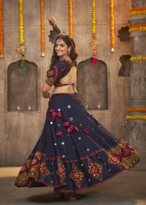 NAVY BLUE THREAD EMBROIDERED WITH MIRROR WORK VISCOSE RAYON TRADITIONAL NAVRATRI FESTIVAL SEMI STITCHED LEHENGA CHOLI 4